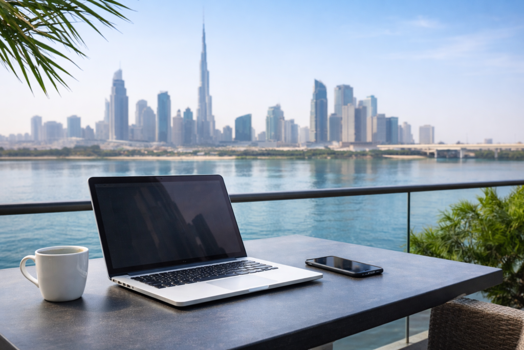 A laptop and a cup of coffee