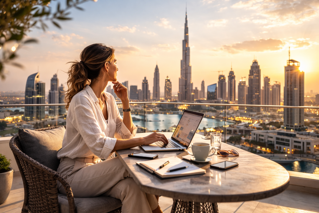 Woman working on a laptop with the Dubai skyline visible