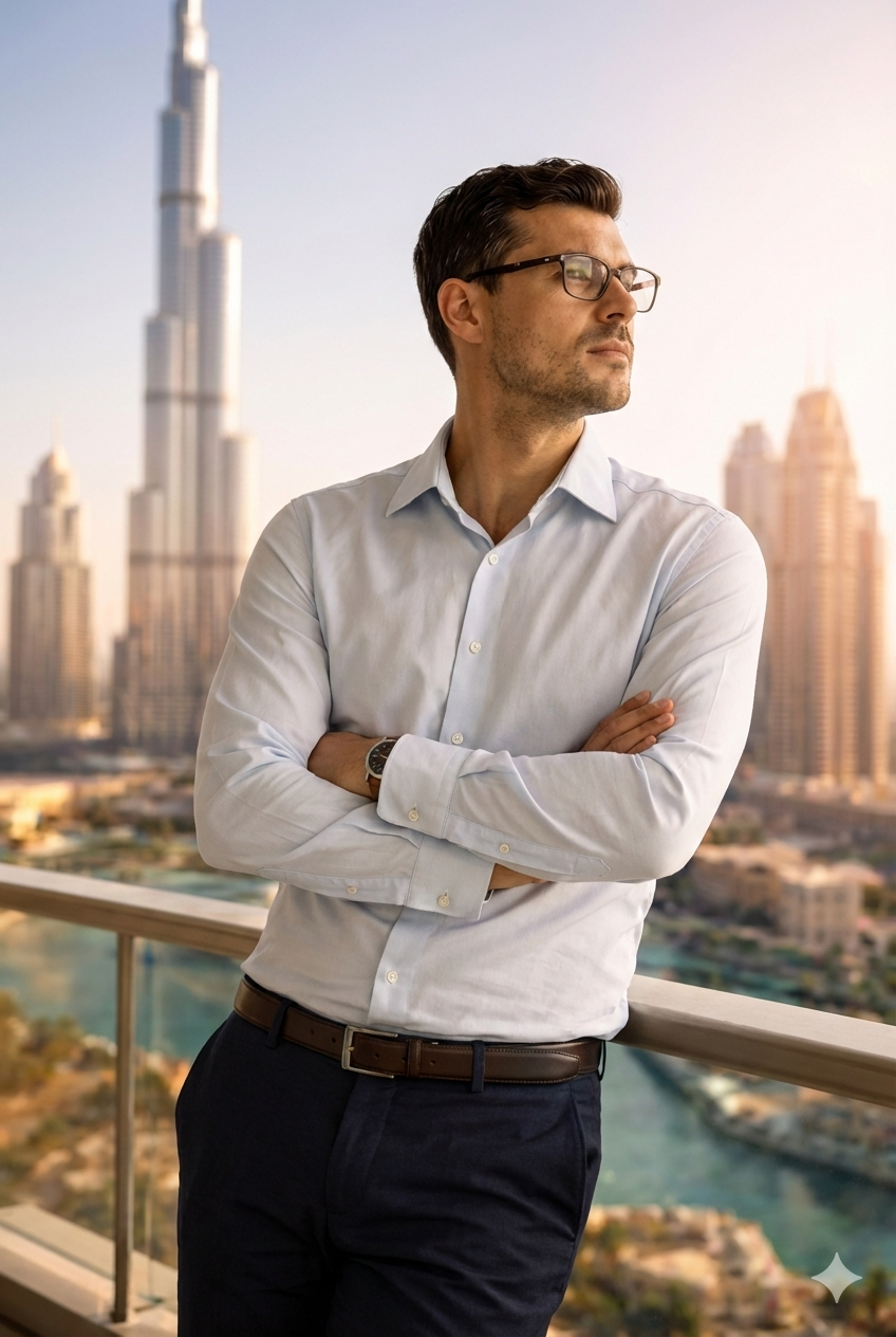 Businessman on a balcony overlooking the Dubai skyline