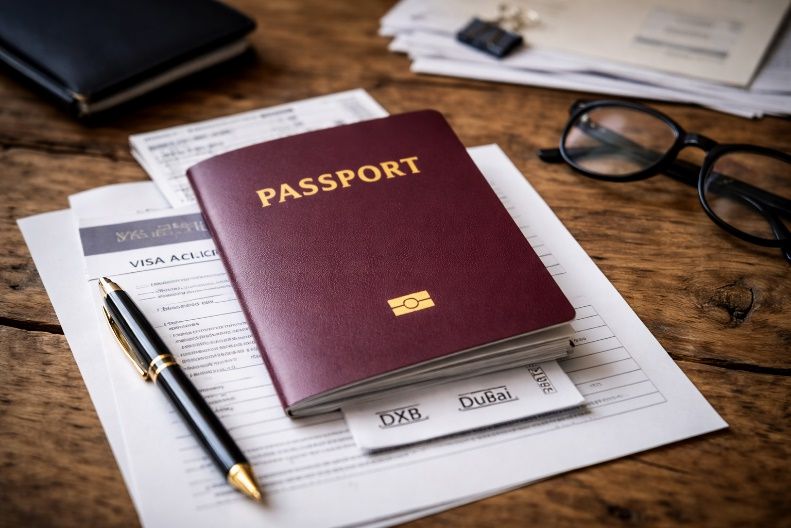 A passport and visa on a desk