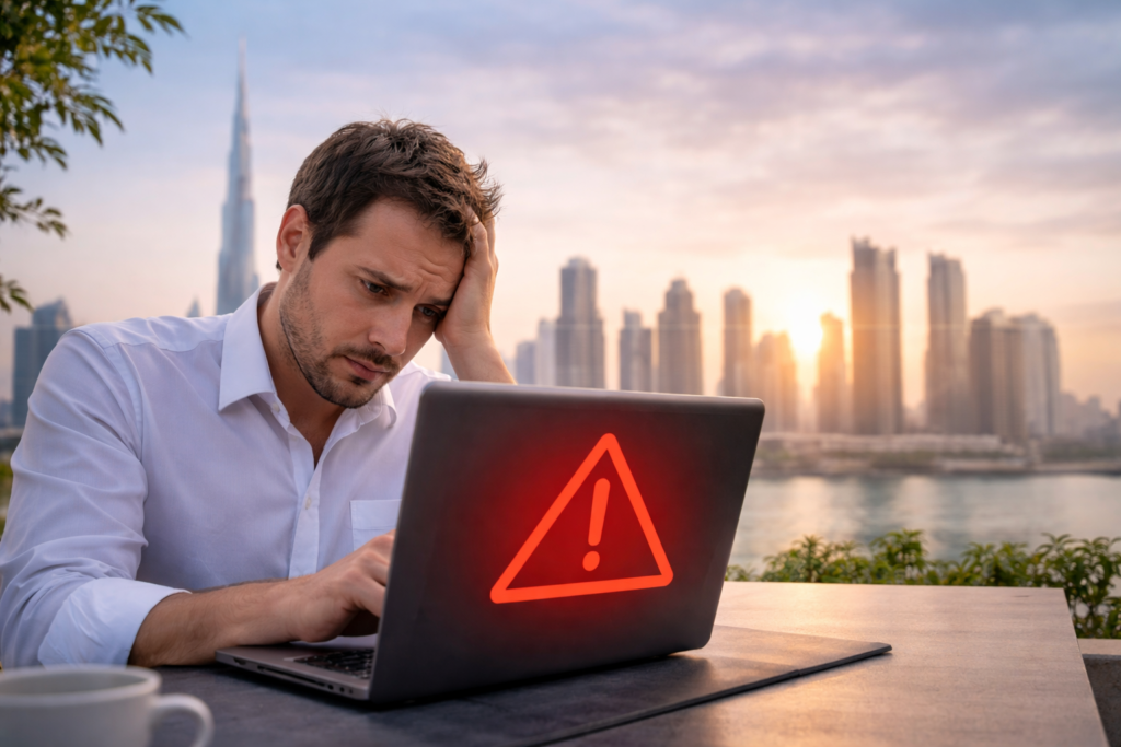Remote arbeiten in Dubai Fehler – Angestellter mit Problemen beim Arbeiten im Ausland