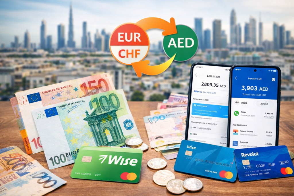 Euro- und Schweizer-Franken-Banknoten sowie Smartphone mit Geldtransfer-App zur Umwandlung in AED vor Dubai Skyline